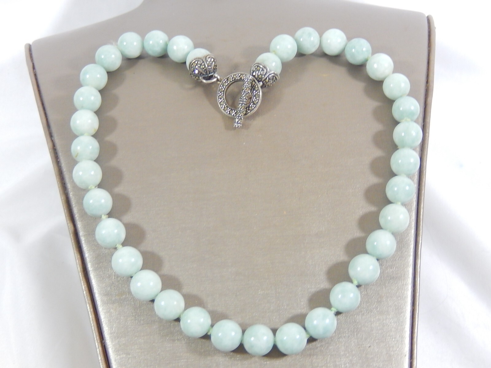 VTG FINE QUALITY AMAZONITE 12mm BEAD HAND KNOTTED NECKLACE W 925 MARCASITE CLASP