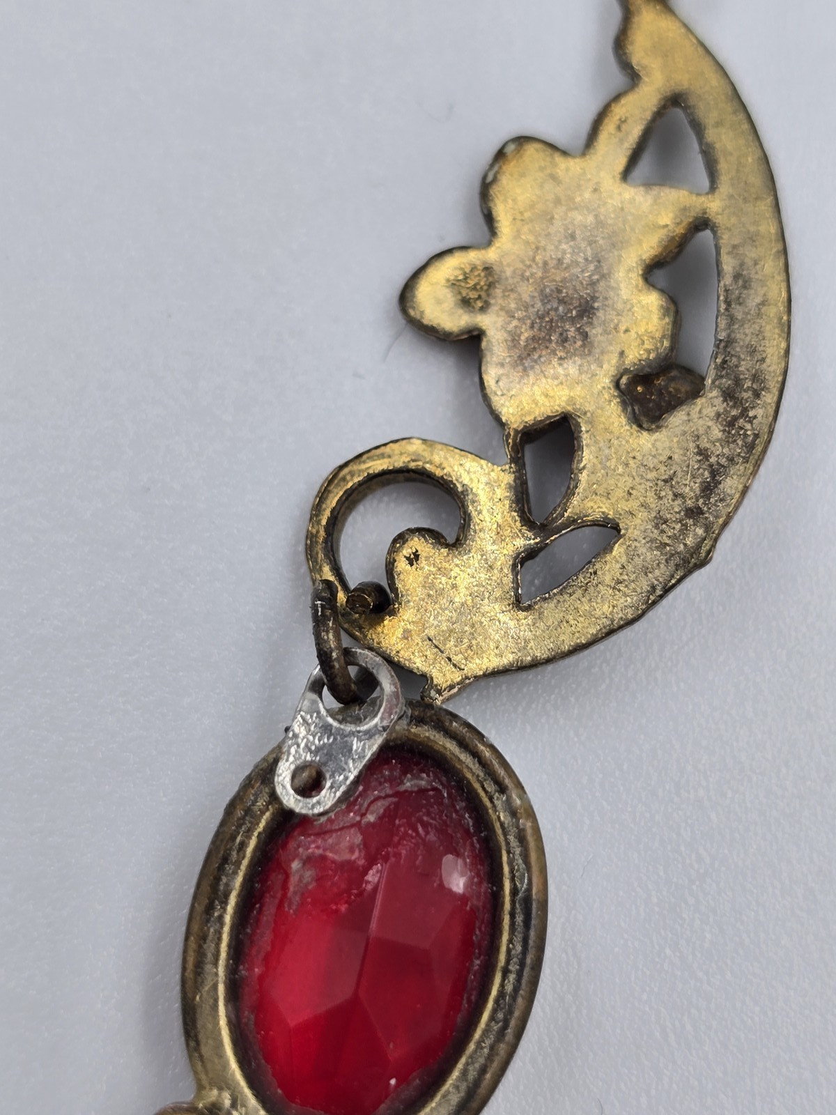 Antique Brass Filigree Necklace Red Glass Stones Art Deco Nouveau Style