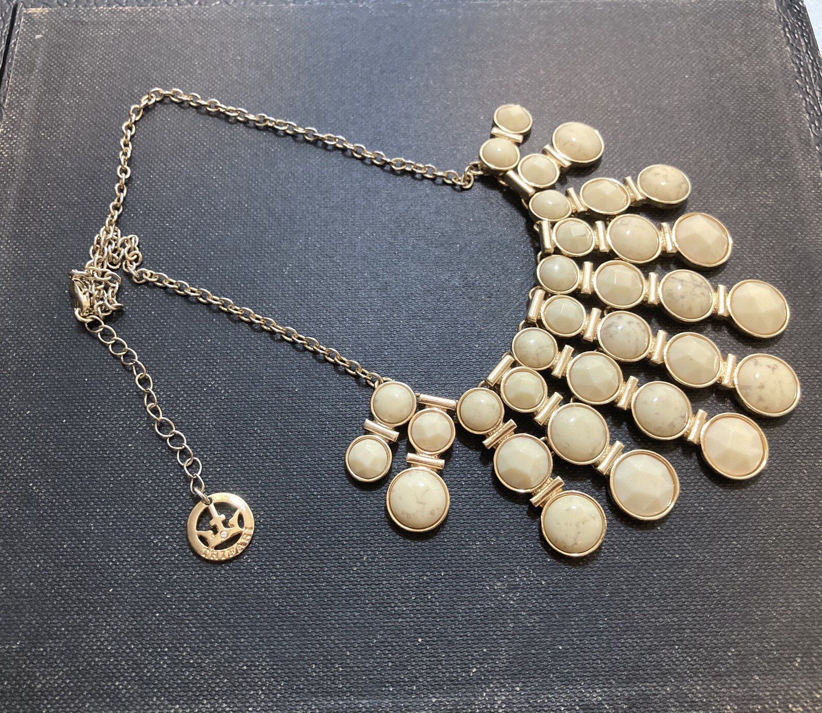 Vintage Crown Trifari Ivory Gold Tone Statement Necklace Crown Charm 90s