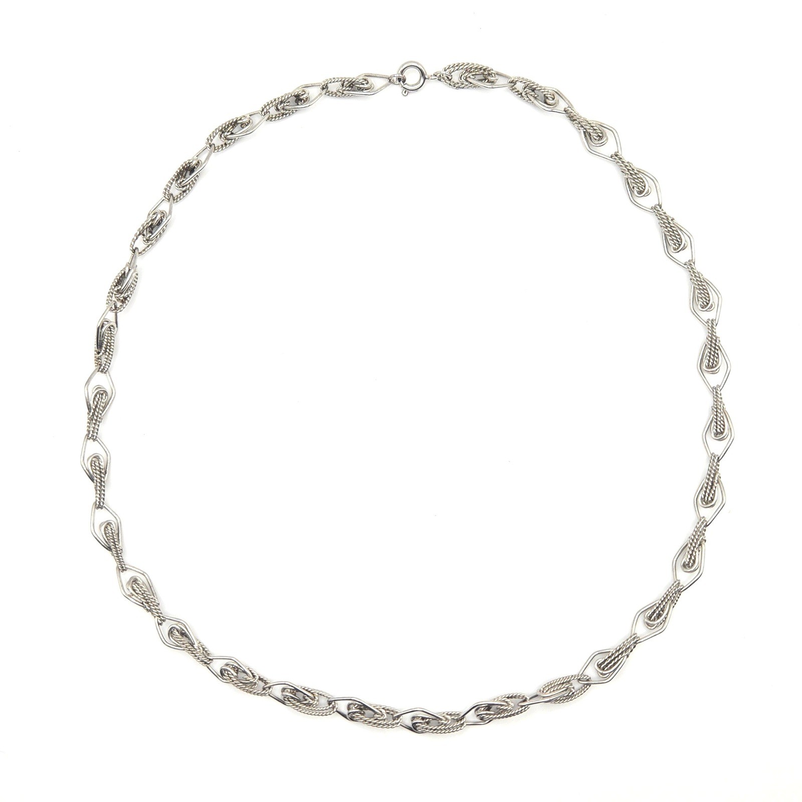 Vintage Silver Tone Necklace Textured Open Link Chain Diamond Rope Detail 18″