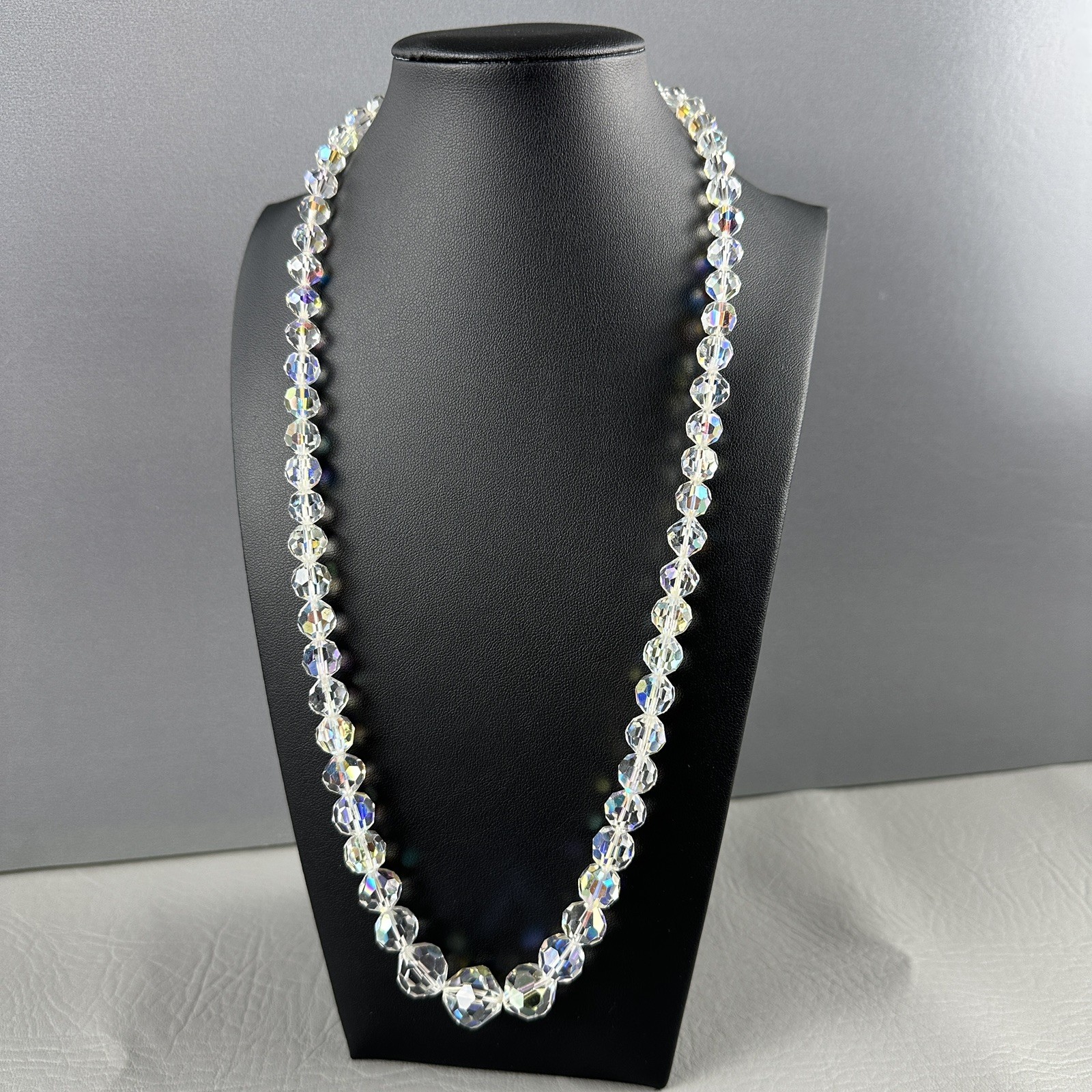 Vintage Aurora Borealis Crystal Bead Necklace Faceted Graduated 24 Inch