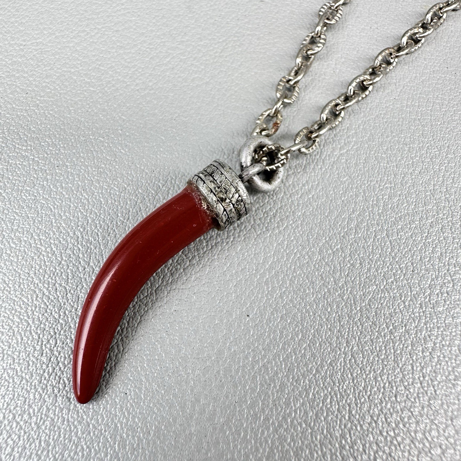 Vintage Cornicello Horn Necklace Red Resin Faux Coral Silver Tone Corno Luck 70s