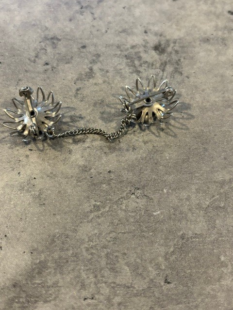 Vintage Silver Tone Flower Double Brooch On Chain with Rhinestones