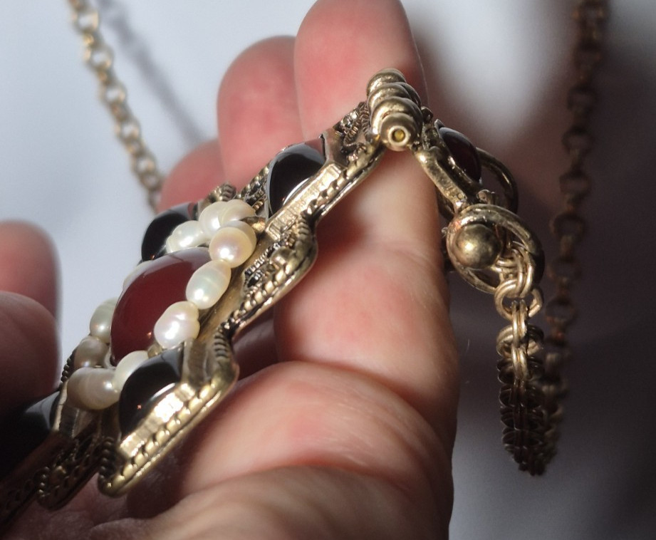 Dell’Olio Byzantine Cross Pendant Necklace Faux Pearl Red Black Statement