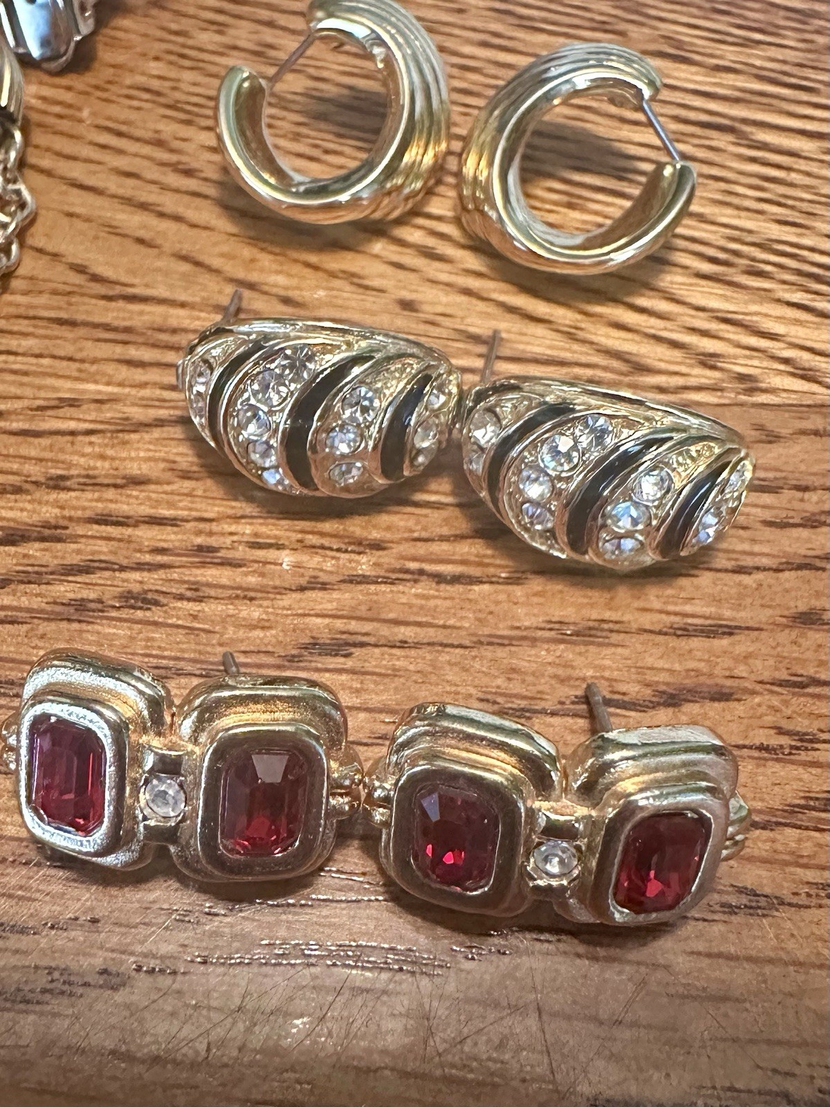 Vintage Lot 6 Pairs Gold Tone Earrings Rhinestones Hoops Dangle Pierced & Clip