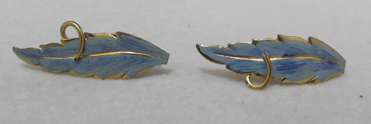 Vtg Light Teal Blue Enamel Gold Tone Slender LEAF Screw Back 1-1/2” Earrings