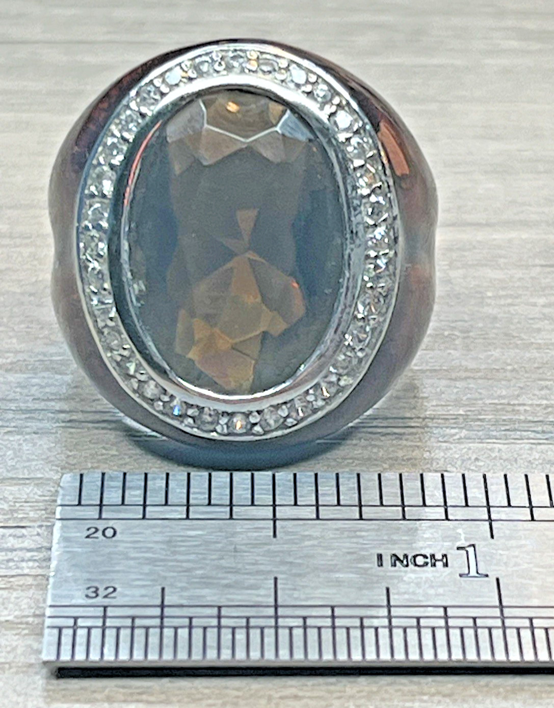 Men’s Vintage Pinky Ring Huge Brown Stone Enamel Rhinestone Halo Silvertone DBJ
