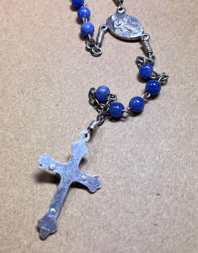 Vintage Silver Rosary Cross Crucifix Ocean Blue Glass Beads Italy Mary Catholic