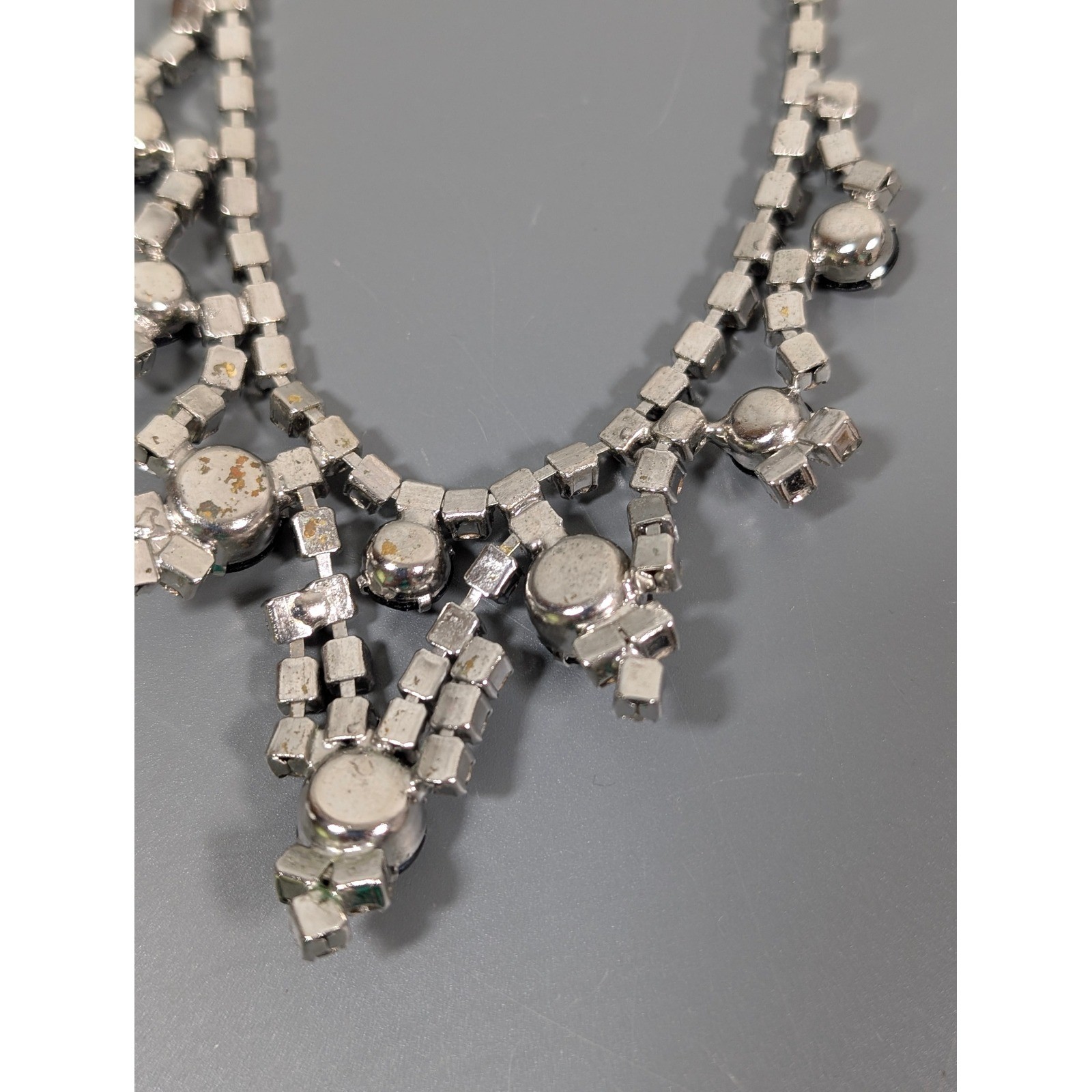 Vintage Black Clear Rhinestone Choker Necklace Silver Tone Bib Statement 15″