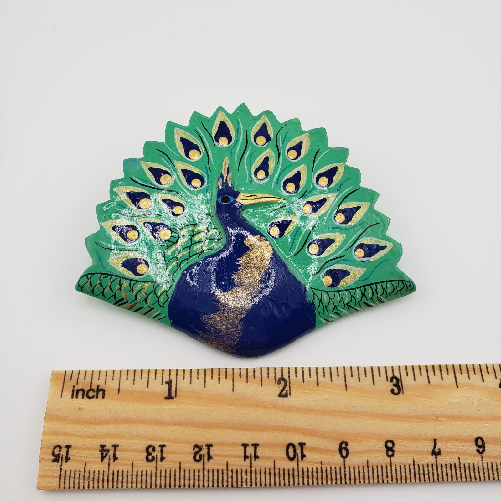 Handpainted Wooden Peacock Brooch Pin Colorful Lightweight VTG Art To Wear 3″