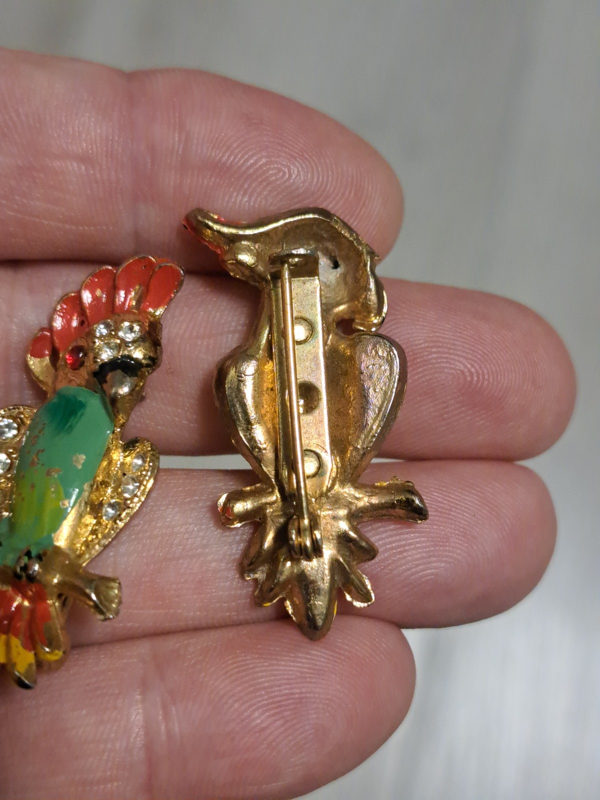 Vintage Rhinestone And Goldtones Pair Of Parrot Brooches