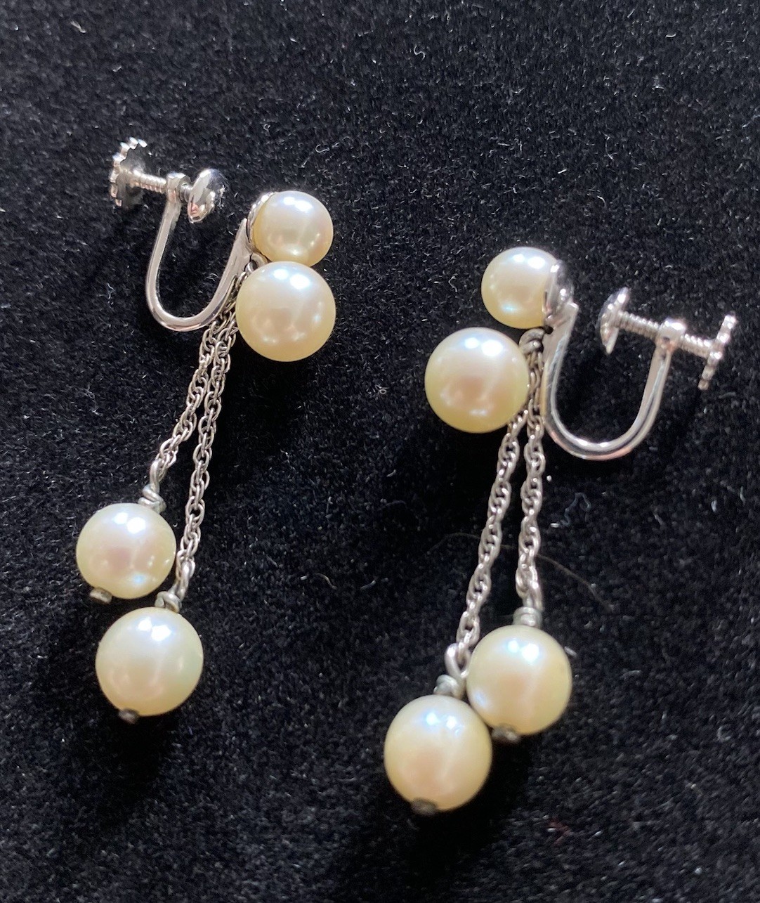 Earrings Champagne Pearls & White Gold 10K Dangle Drop w/ Screw Backs Vintage