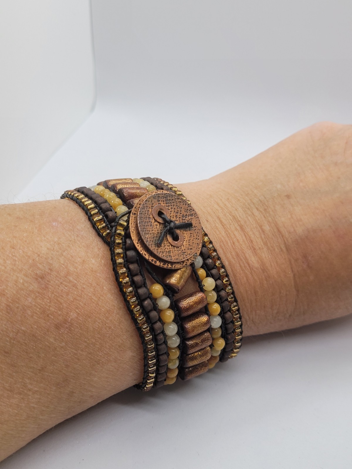 Chan Luu-style Handmade multi-strand wrap bracelet beads button closur 7.5in
