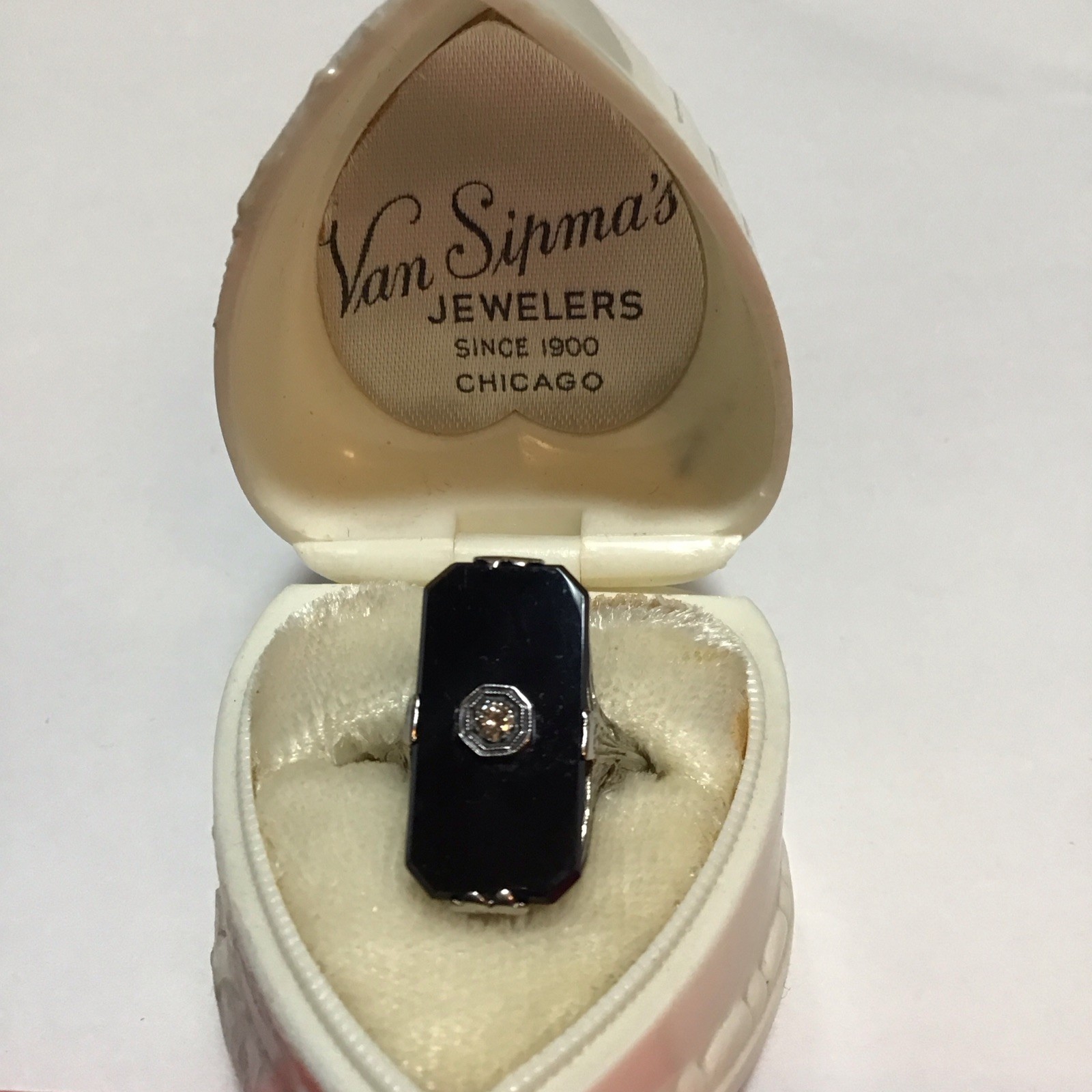 Vintage Art Deco 14k White Gold Filigree Onyx Diamond Ring Size 3.75 Pinky?