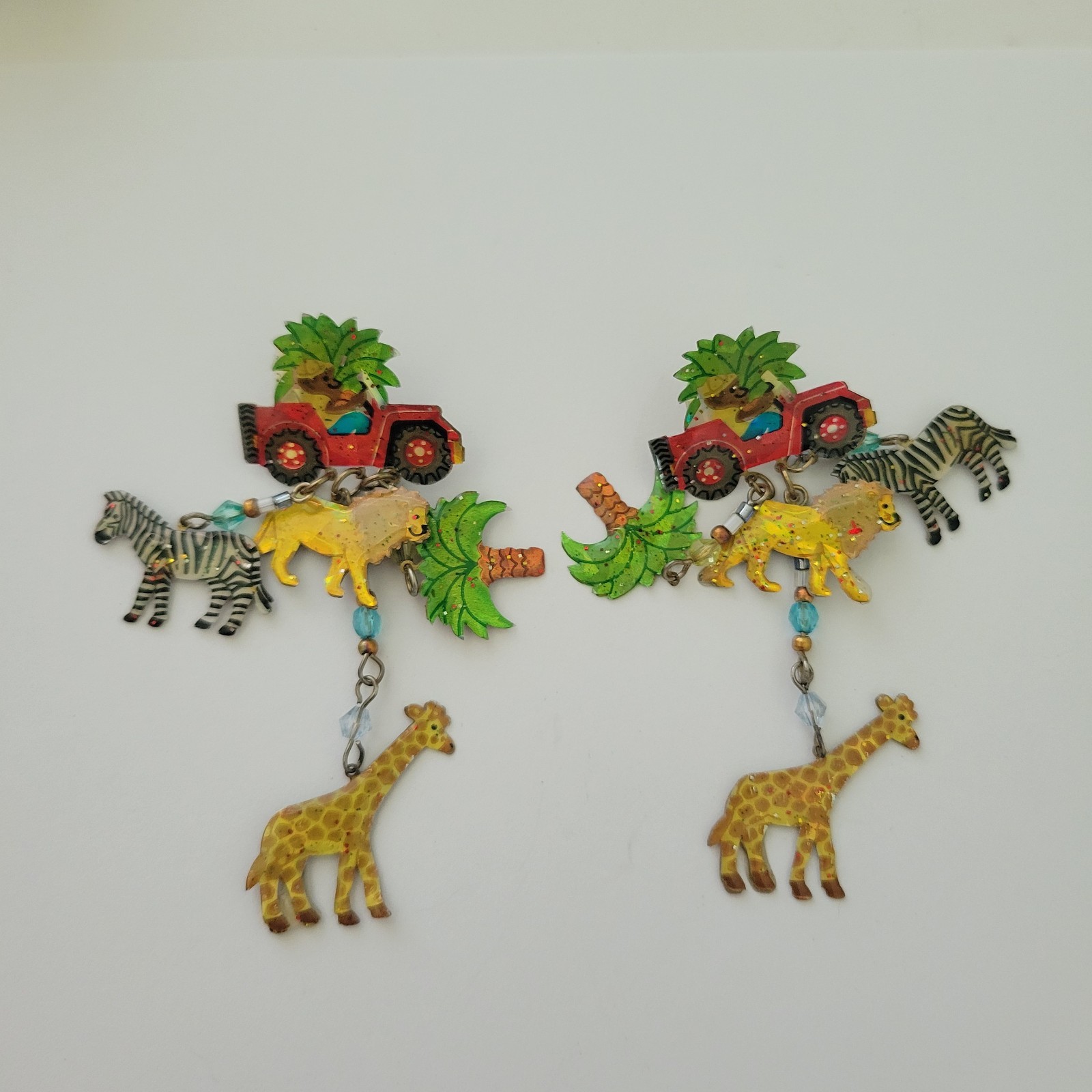 Vtg Dangle 3″ Earrings Truck Lion Zebra Tree Giraffe Sarfari Animal Jewelry
