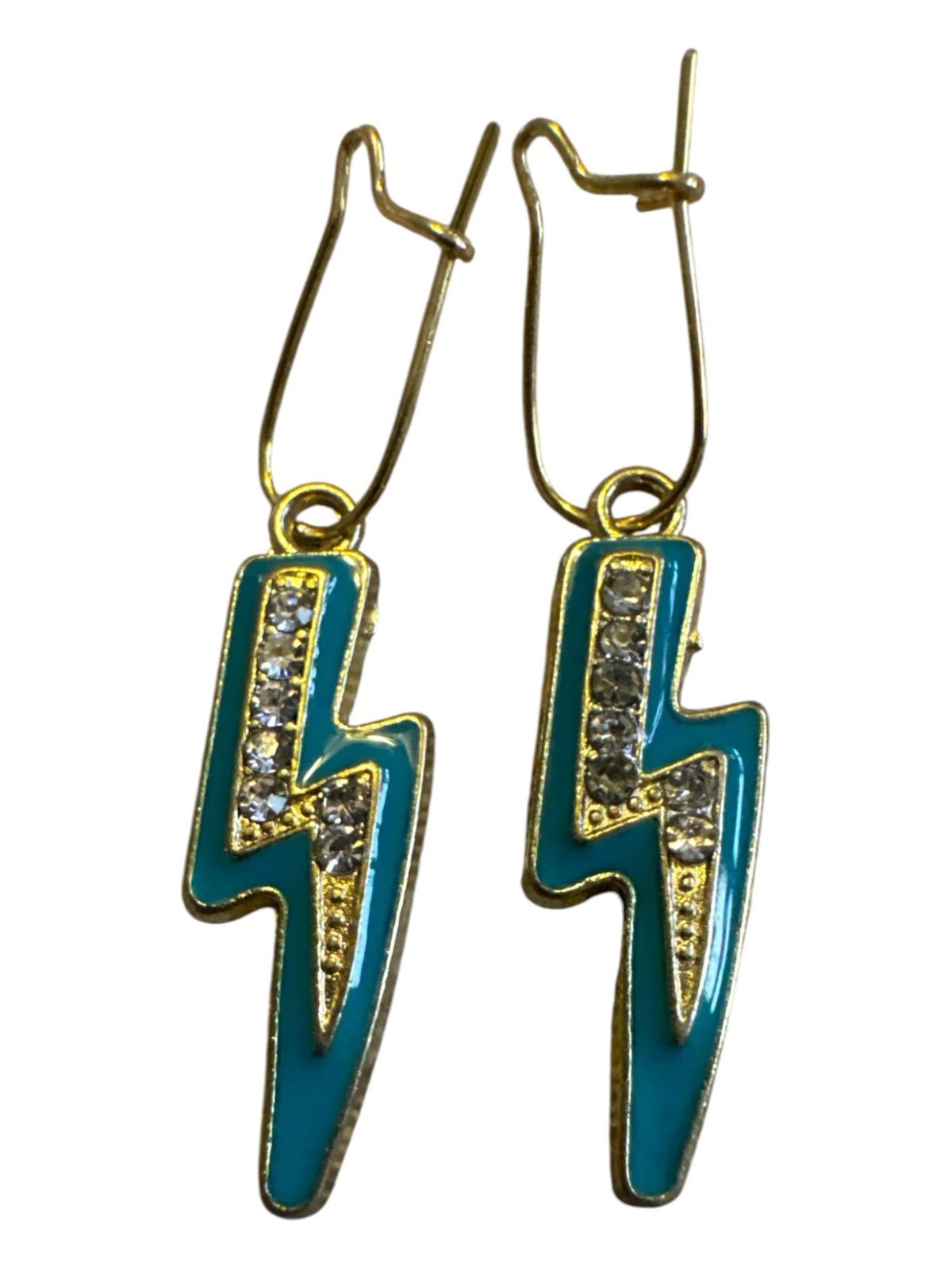 Lightning Bolt Earrings With Gold-Tone Hooks & Rhinestone Details Teal Enamel Ac