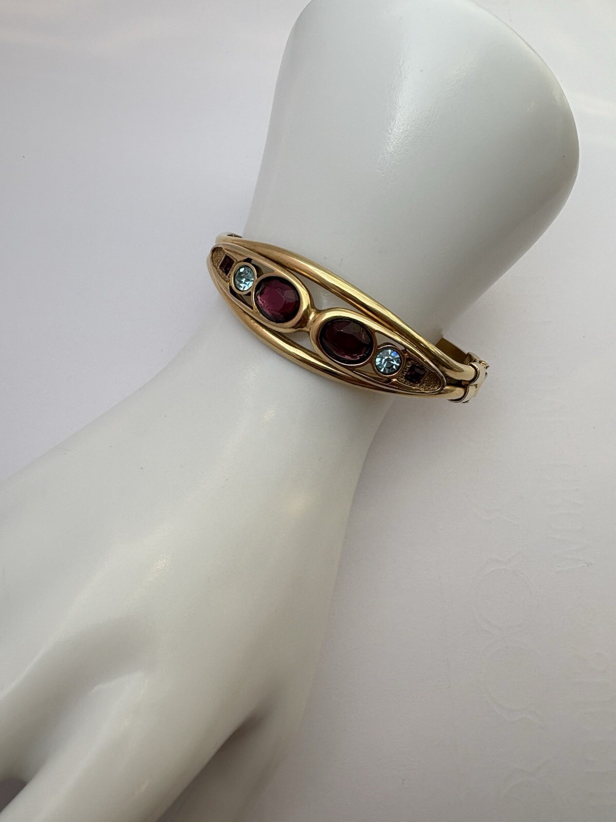 Vintage Clamper Bracelet Gold Tone, Purple And Blue Stones