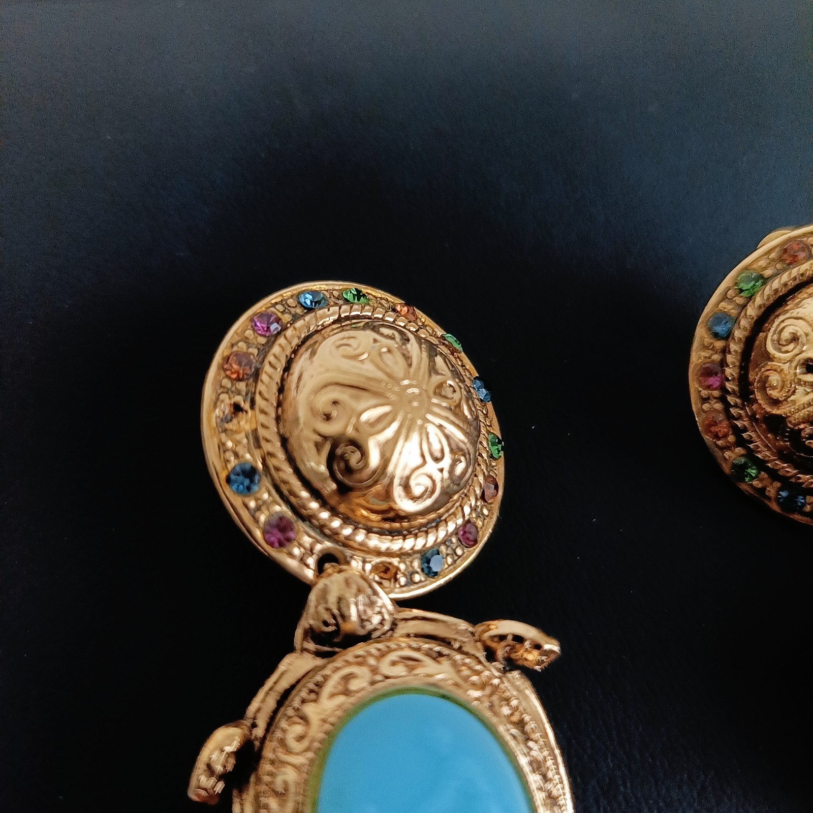 Vintage Zoe Coste Turtle Earrings France Blue Glass Rhinestone Gold Tone