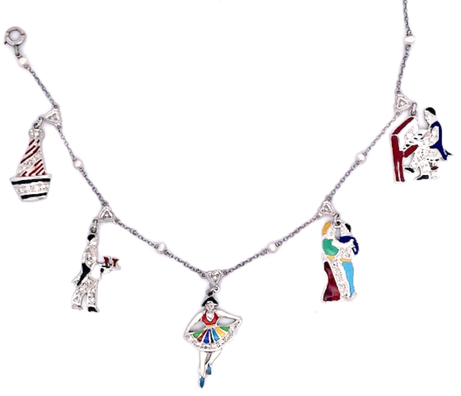Deco 1930’s to 1950’s Enameled Diamond Charm Necklace