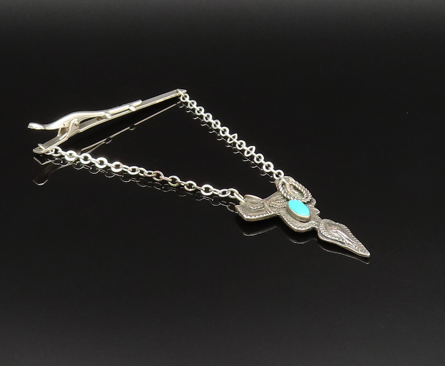 SOUTHWESTERN 925 Sterling Silver Vintage Etched Turquoise Saddle Tie Clip TR3382