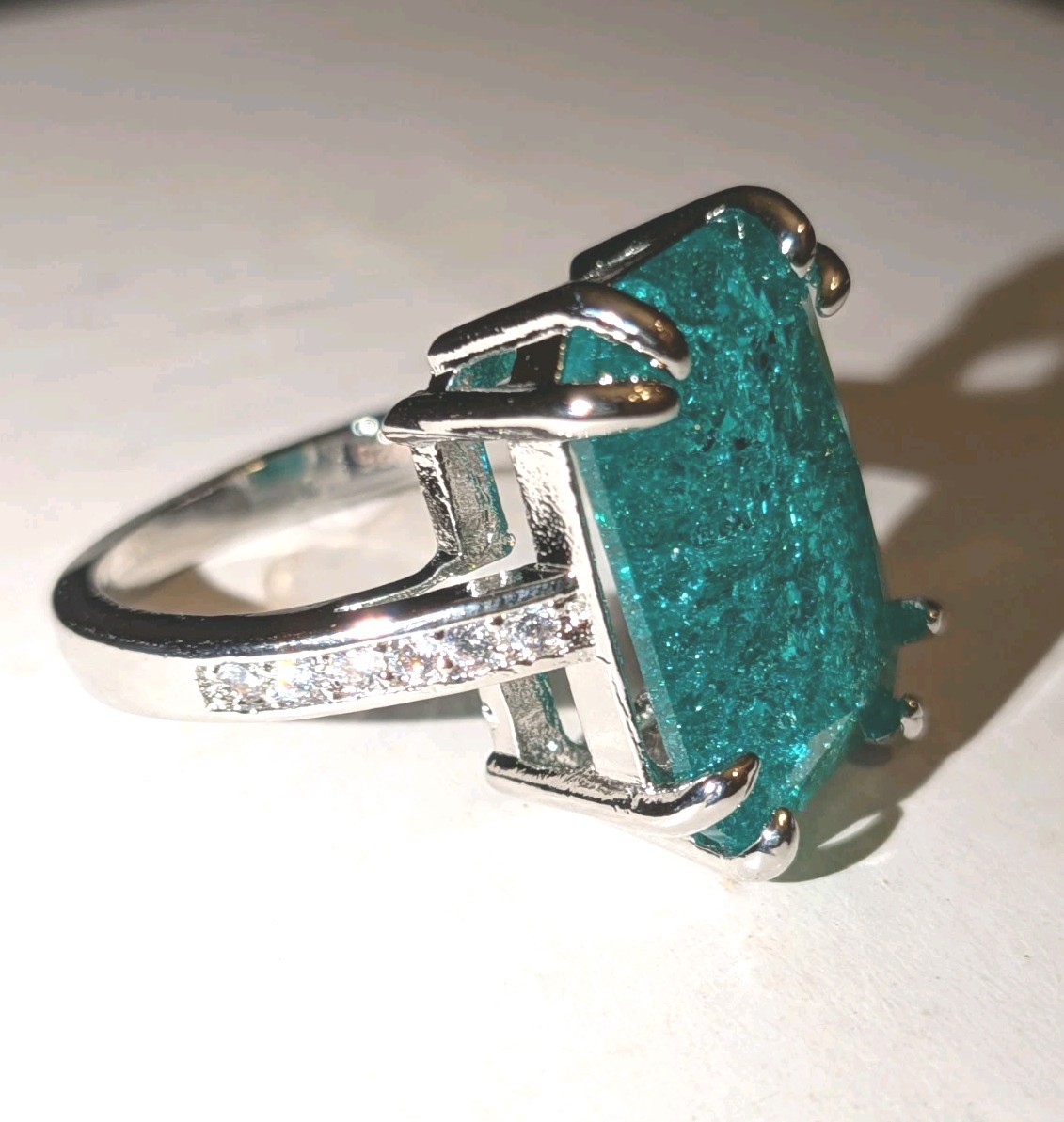 Shiny 10 CT Emerald Cut Lab-Created Paraiba Tourmaline Ring 925 Sterling Silver