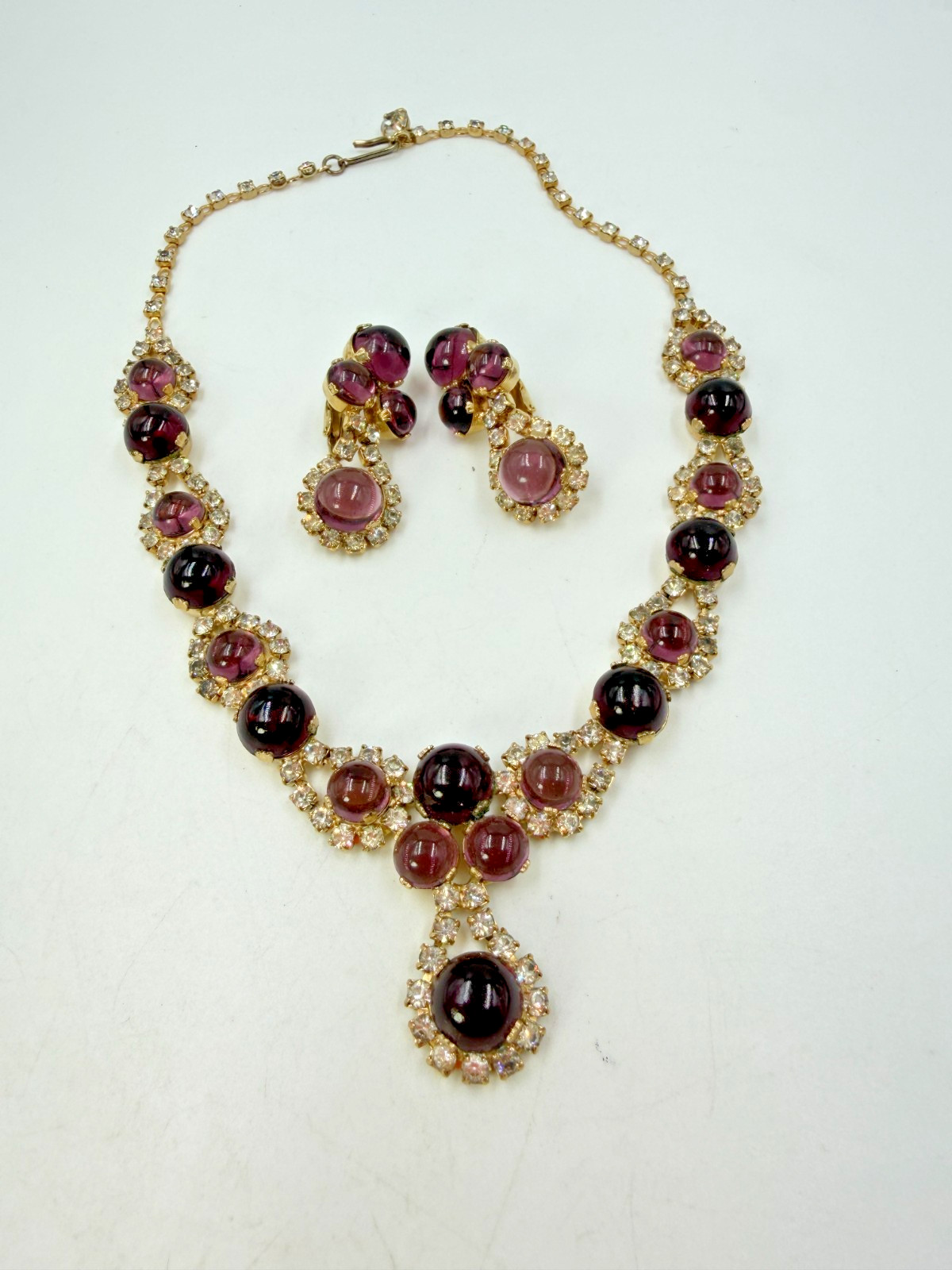 Vintage Necklace Purple Glass Cabochon Clip On Earrings Estate Lot Matching PJ