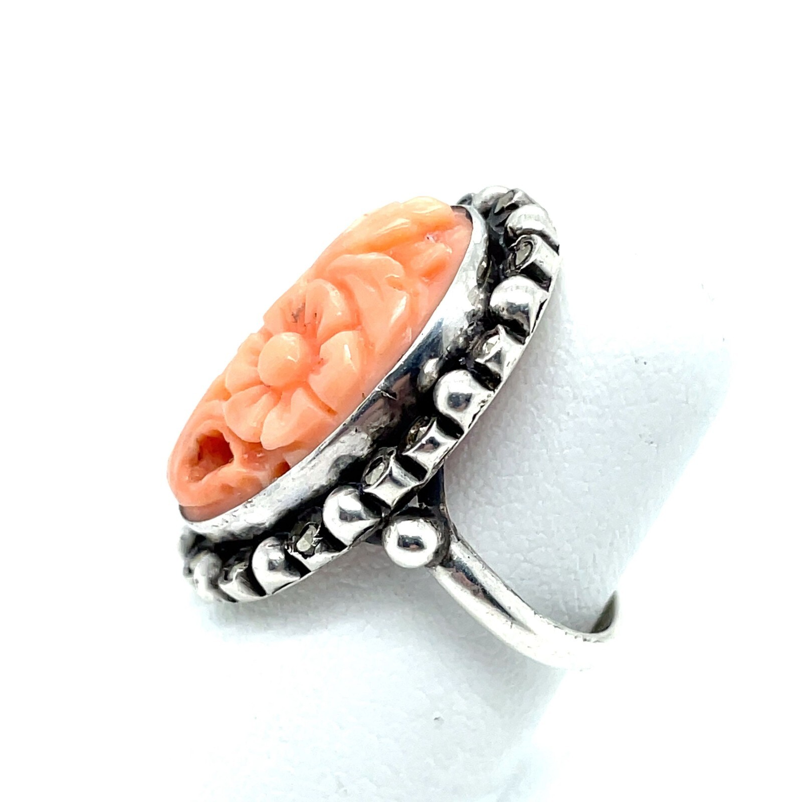 800 Silver Carved Coral and Marcasite Ring – Size 6