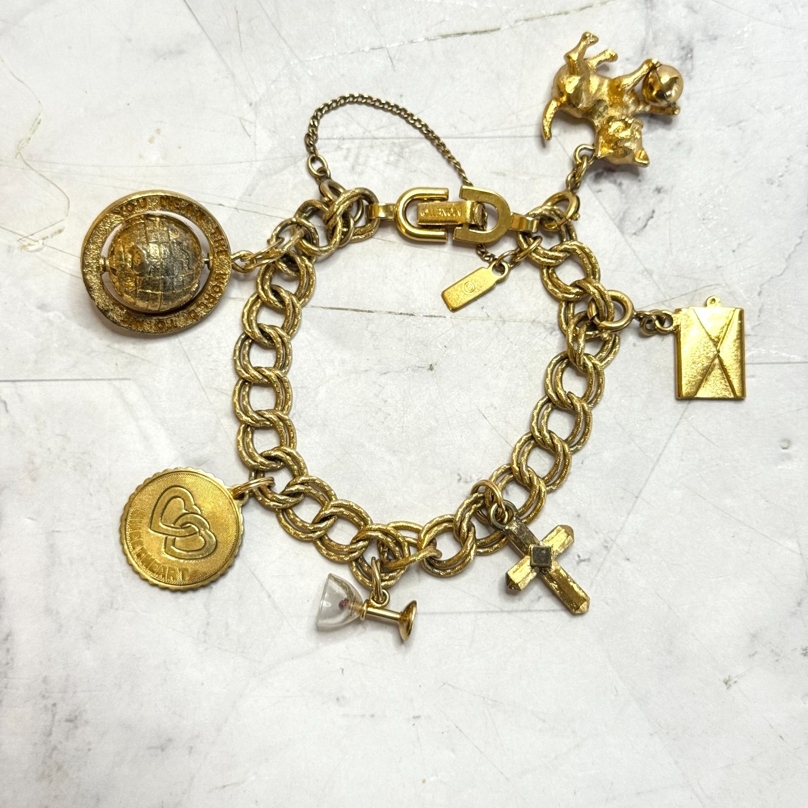 Vintage Monet Charm Bracelet Gold Tone Double Link 6 Charms Globe Kitten Cross