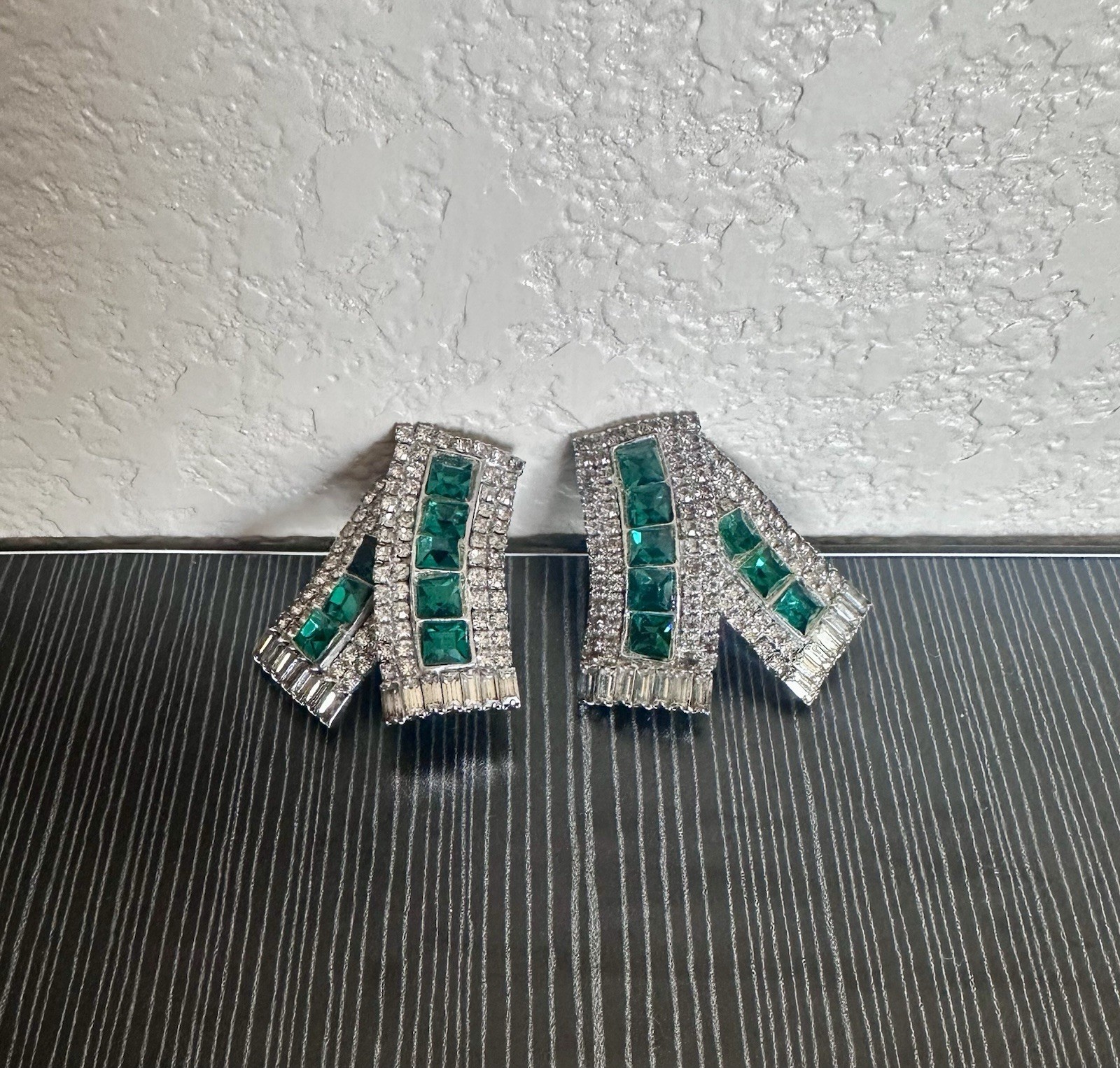 Vintage MMA Clip On Earrings W/ Ribbon-Fold Design + Emerald & Clear Rhinestones