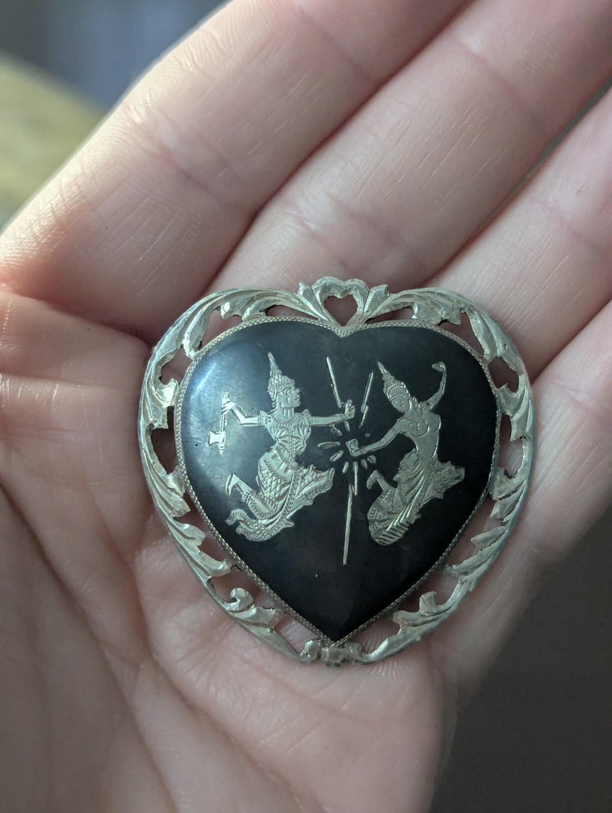 Vintage Siam Sterling Heart Black Niello Brooch Pin Lightning Goddess Love Art