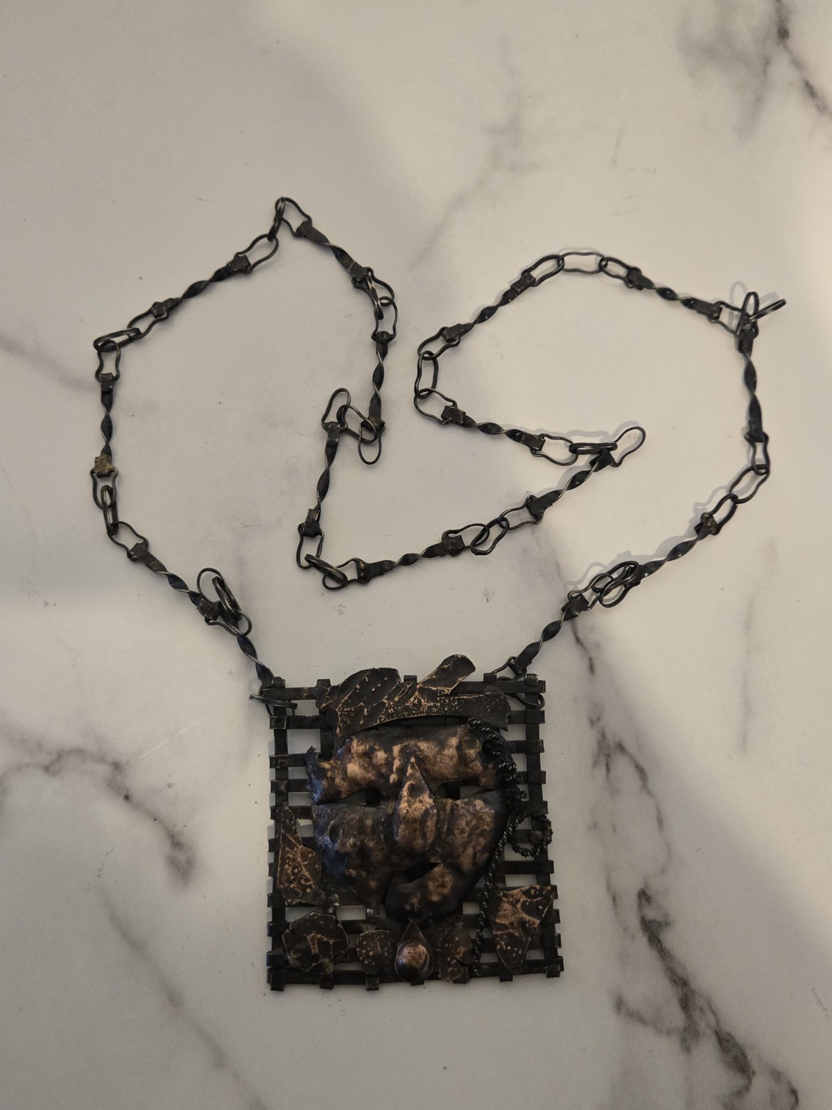 Vintage Brutalist Pendant Necklace Brass Bronze Tone Metal Necklace