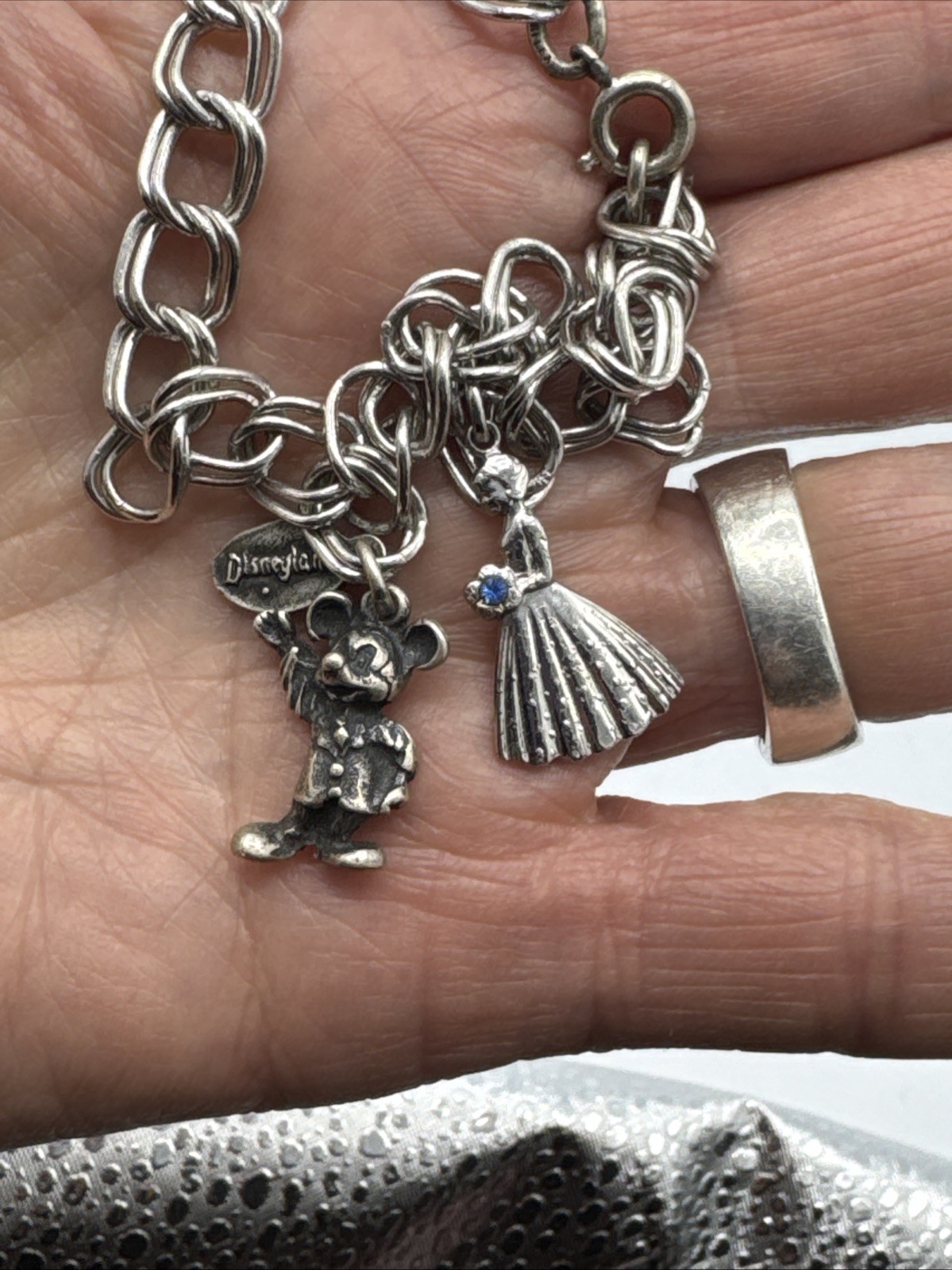 Vtg Sterling Silver 925 Double Link Chain Disney Micky Mouse Charm Bracelet 6.75