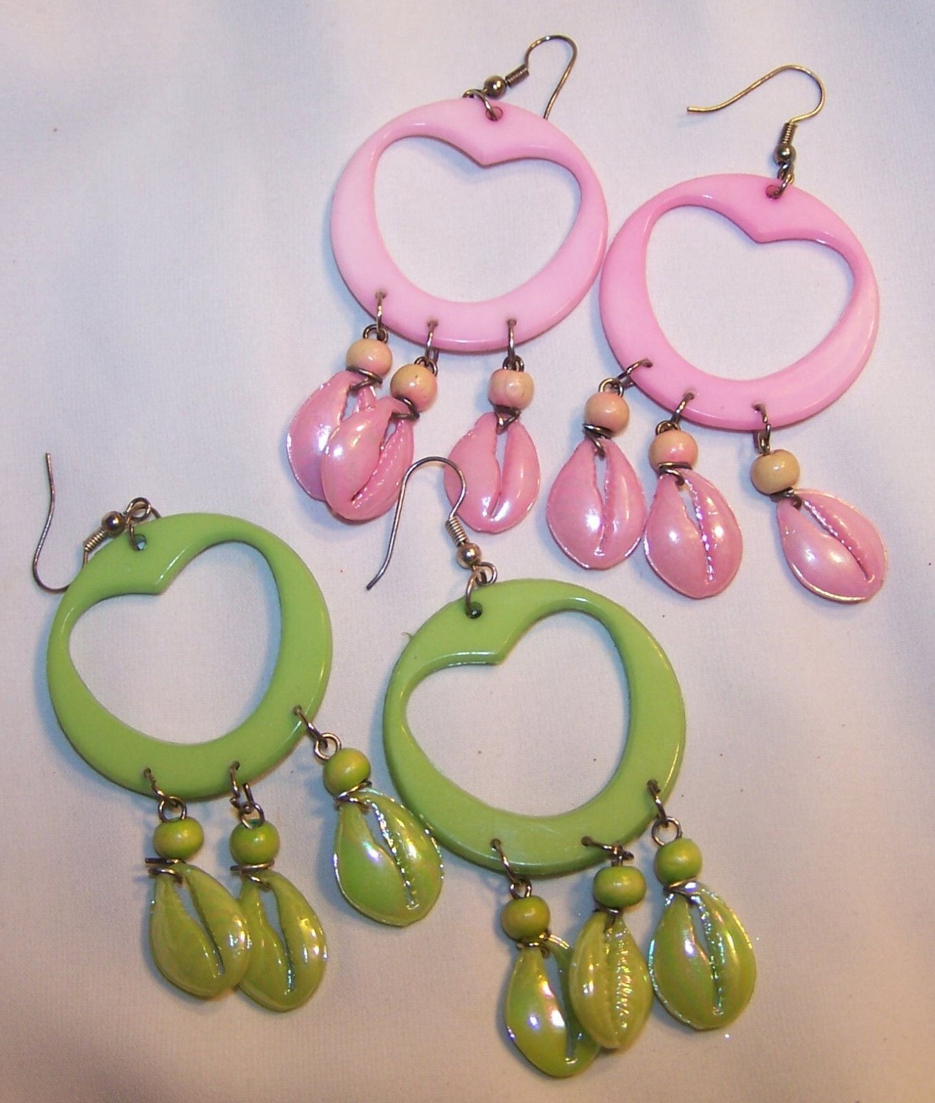 Vintage Plastic Earrings with Dangle Faux Shells-Lot of 2-Lime Green, Pink