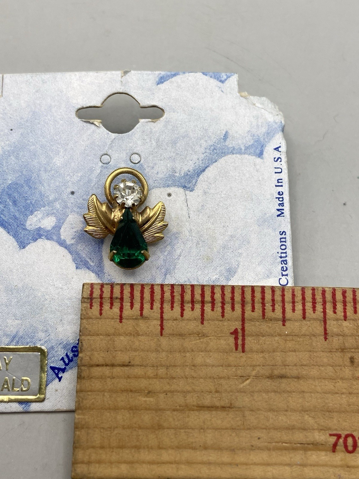 NOS Vintage Emerald Green Angel Lapel Pin w/Australian Crystal May Birthstone