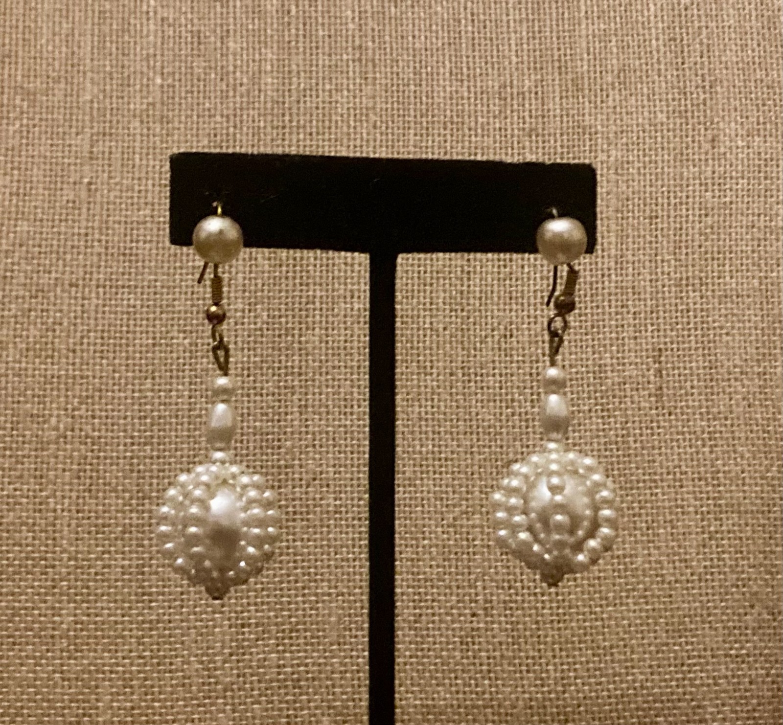 Vintage Faux Pearl Earrings Caged White Dangle Pierced Hook