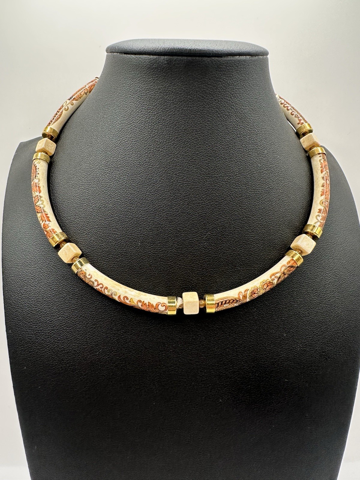 Vintage Necklace Paisley Beaded Choker Tan Brown Burnt Orange Cream Boho Retro