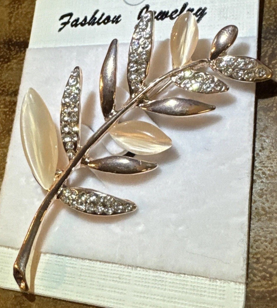 Rose Gold Tone 2.5” Brooch Crystal Accent Leaf BNWT Stunning Statement Piece