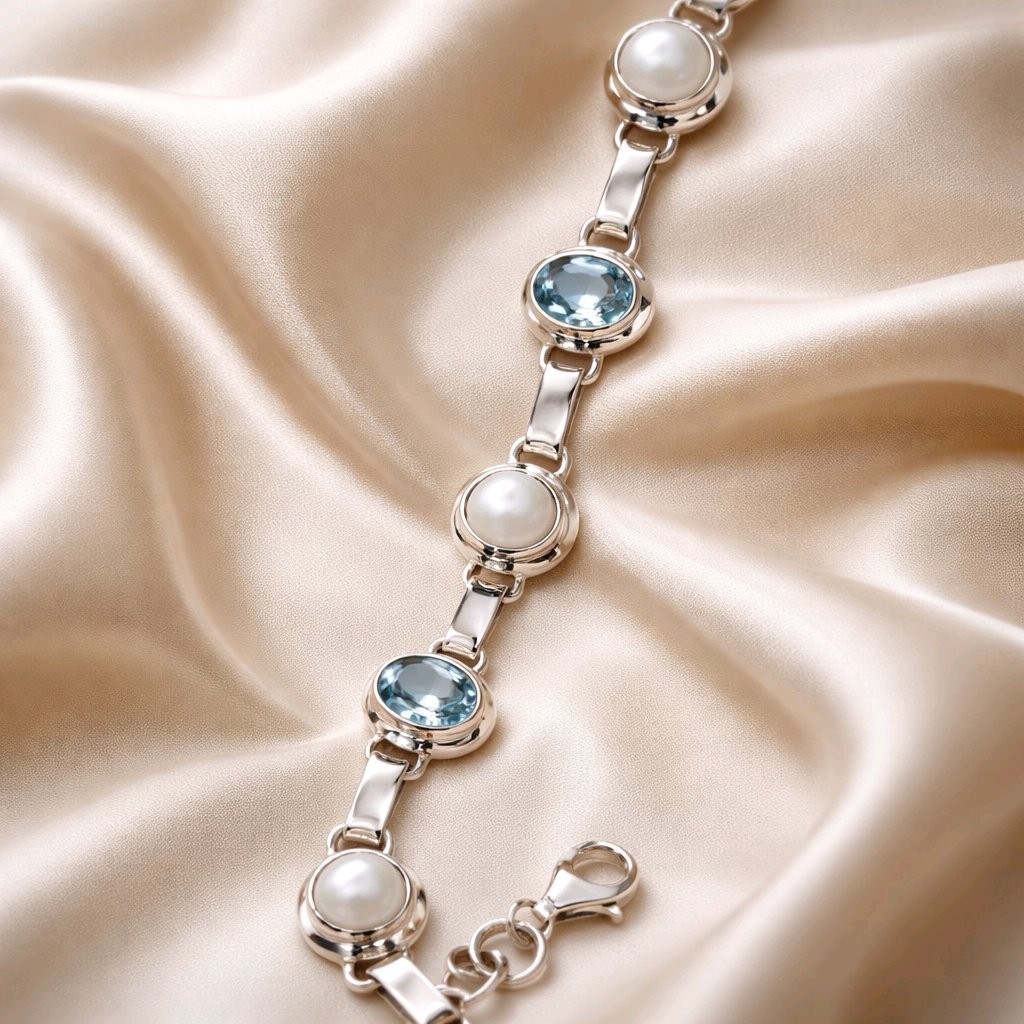 Blue Topaz Bracelet Pearl Sterling Silver Link Gemstone Bezel 925