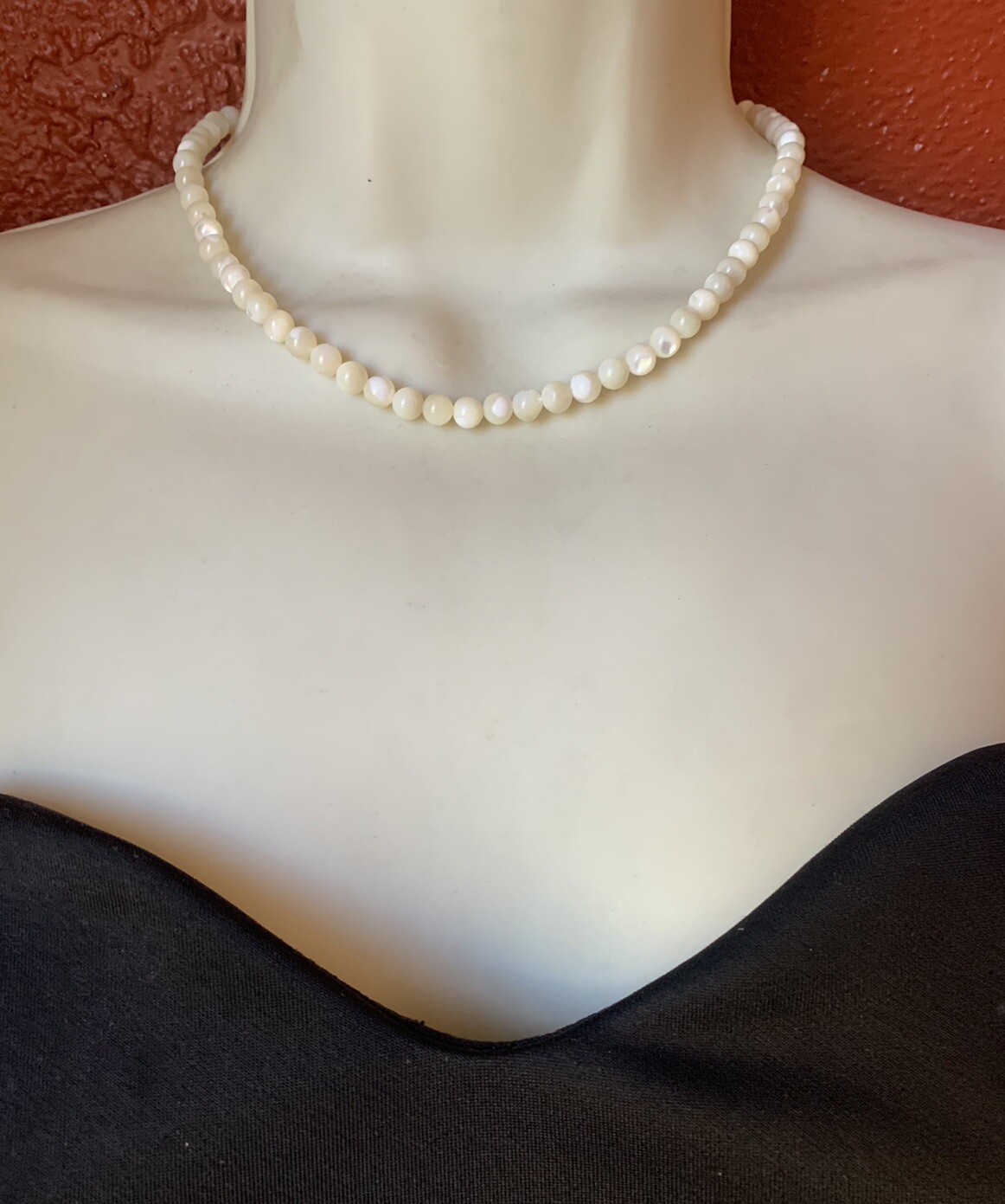Vintage Mother of Pearl Round Bead Sterling Silver Fish Hook Clasp Necklace