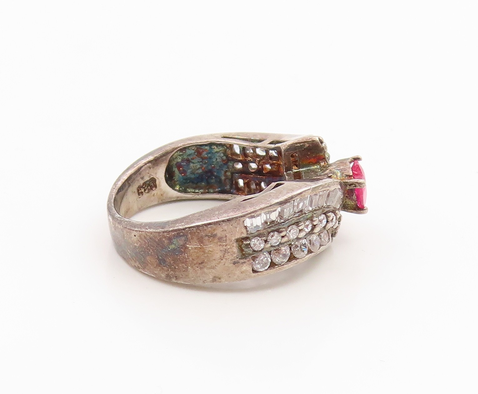 925 Sterling Silver Vintage Ring Oval Ruby & Sapphire Bypass Band Sz 6 RG35861