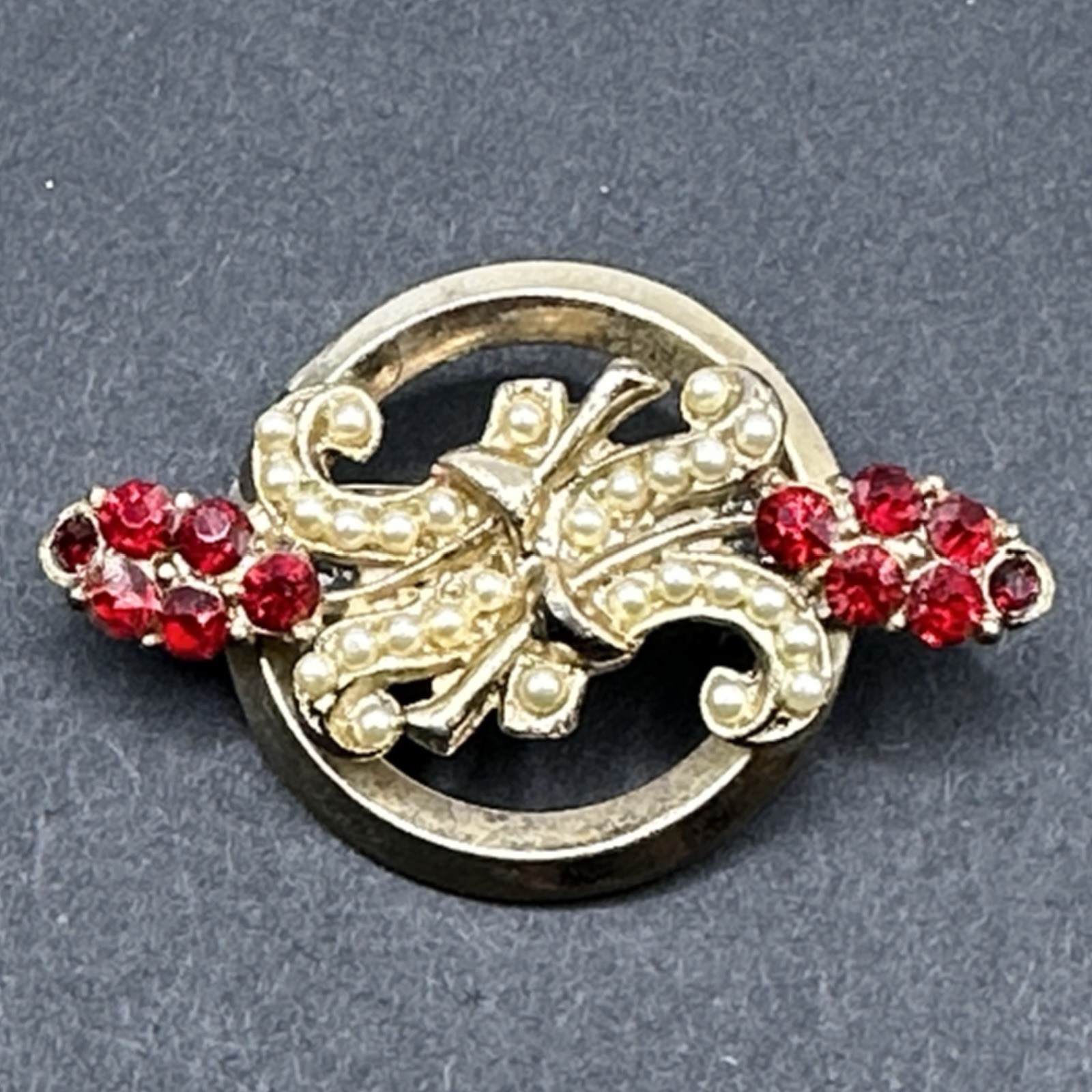 Vintage Red Rhinestones Flowers Brooch Pin J44K