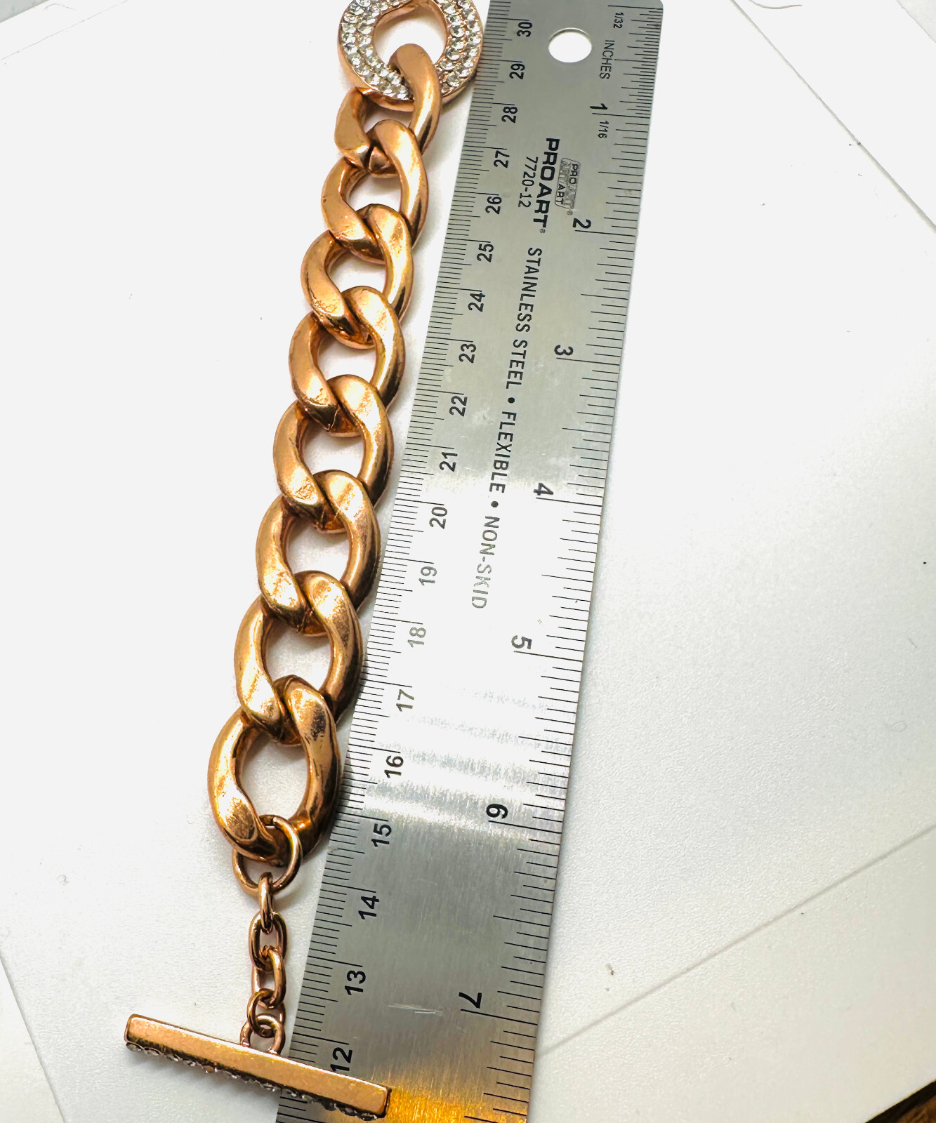 Vtg Copper Color Chunky Link Rhinestone Toggle Bracelet 7.5″ Minty Condition