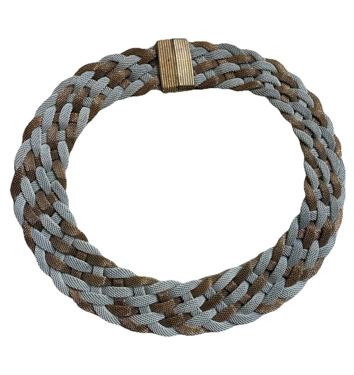 Vintage Italian metal mesh , gold, and white necklace with magnetic clasp