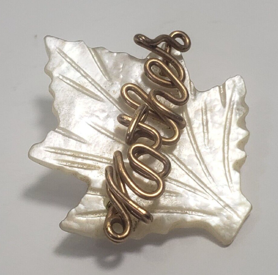 Vintage Mother of Pearl Leaf “Mother” Pin Brooch about 1″ Cursive Script Wire