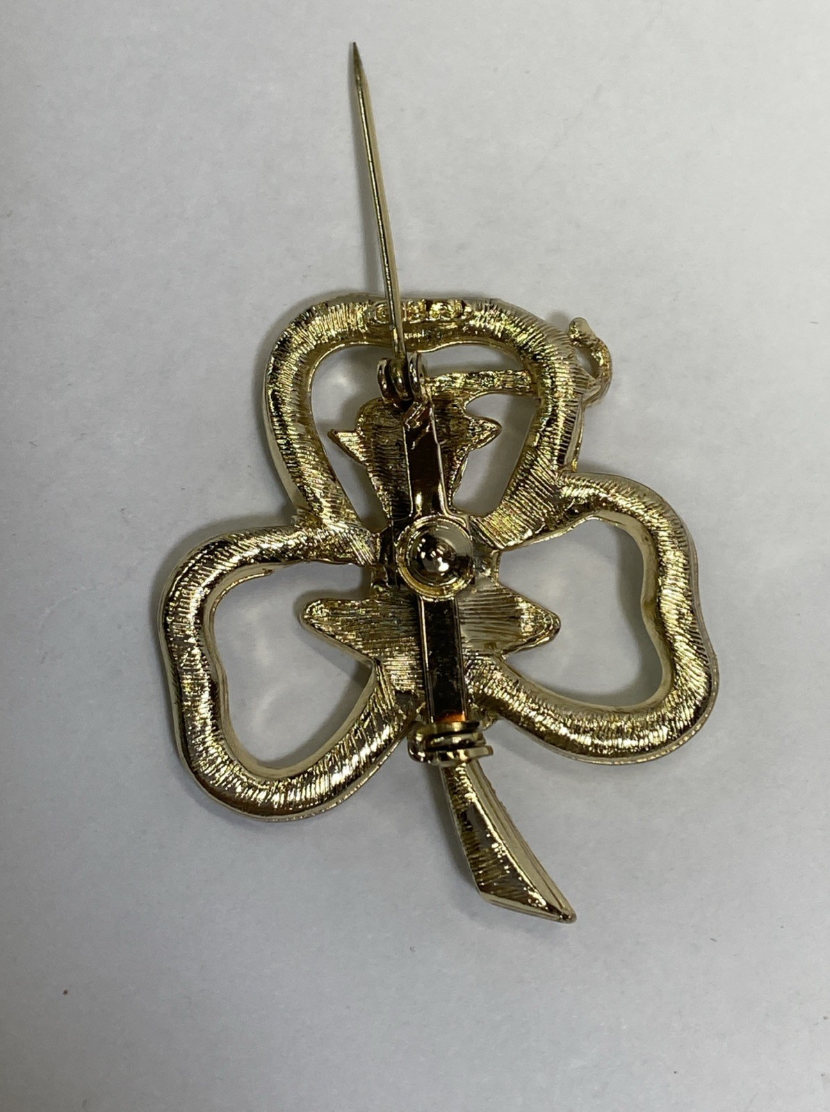 Signed BJ Leprechaun Shamrock Brooch Pin With Emerald Green Rhinestone Eyes