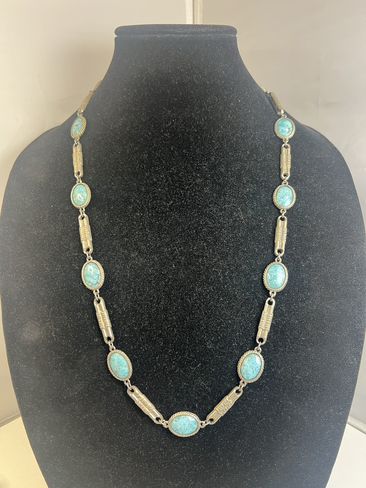Vintage ACCESSOCRAFT NYC Bezel Set Faux Turquoise Bar Link Silver Tone Necklace