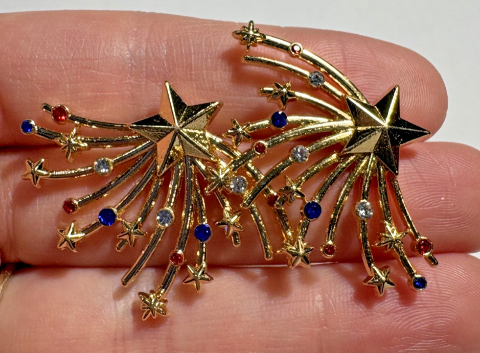 NEW Sugarfix USA Red Blue Rhinestone Fire works Star Stud Gold tone Earrings