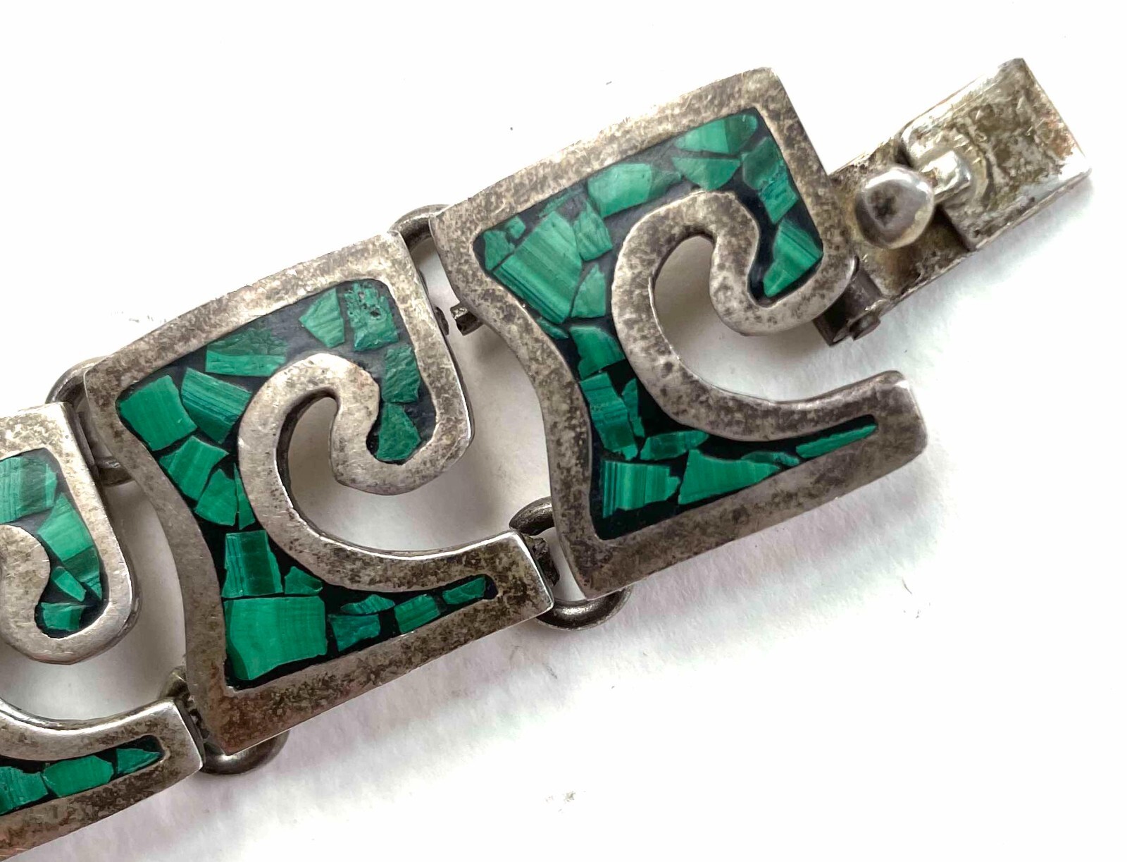 VTG Mexico Bracelet Sterling Malachite Chip Large Wrists 8″ 64g Modernist 1940s