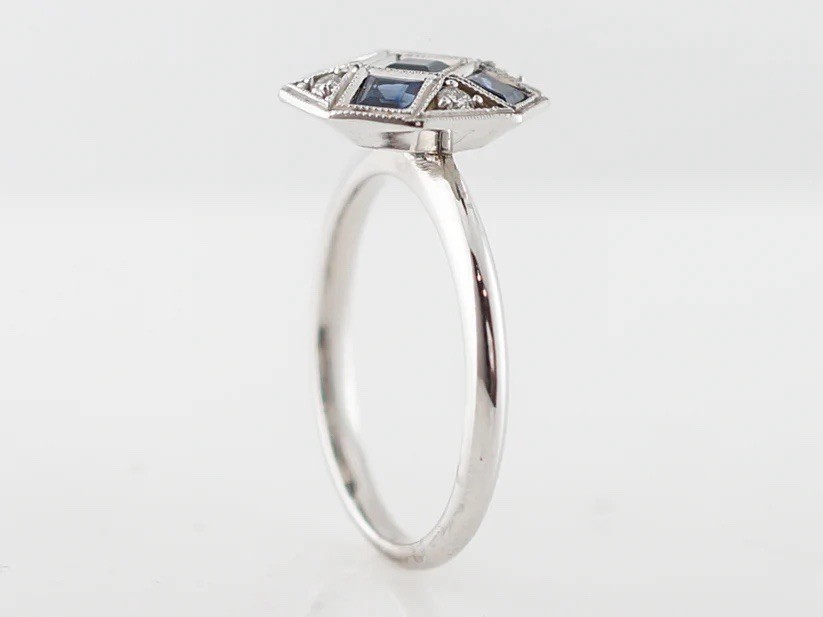 Vintage Right Hand Ring Retro 1.10 Ct Square Cut Lab Sapphire Diamond in Silver