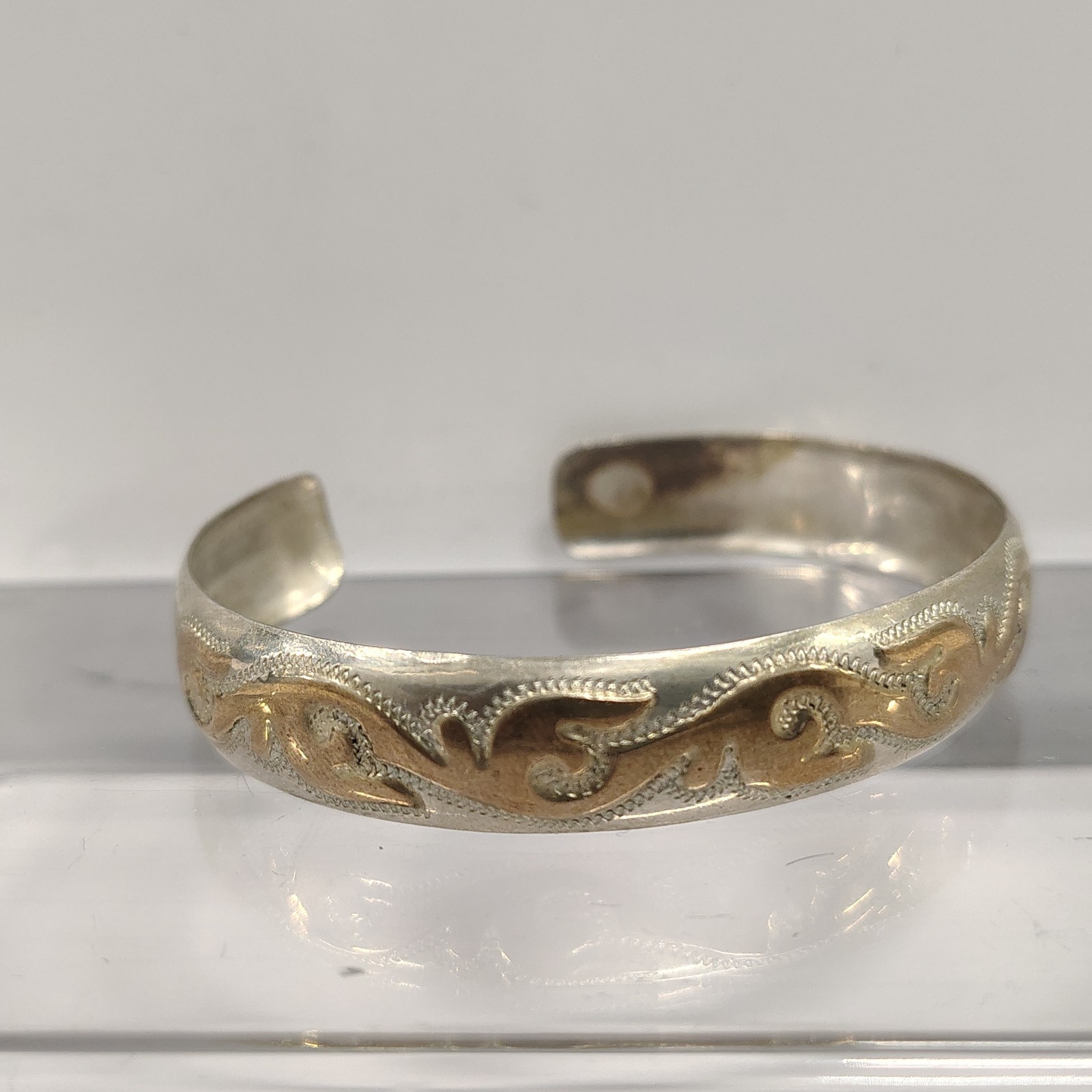 Vintage 925 Sterling Silver Gold Tone Scroll Wave Cuff Bracelet Textured 12.09g